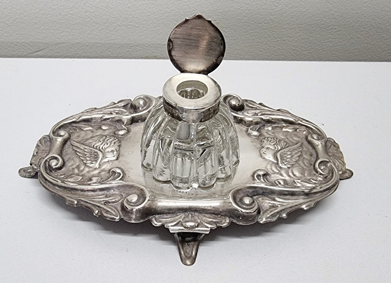 Edwardian Silver Plated Ink Stand Cherub Embossed Design