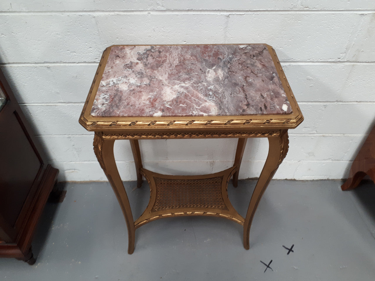 Antique French 19th century inset marble top & giltwood side/salon table. In good condition. Circa 1890.