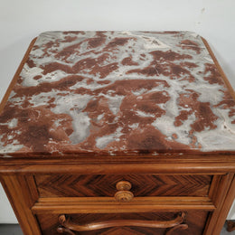 Pair French Walnut Louis XV style Bedside Cabinets with inset rouge carrera marble tops and parquetry inlay. Consisting of one drawer and one cupboard on very elegant legs. Circa: 1900's.