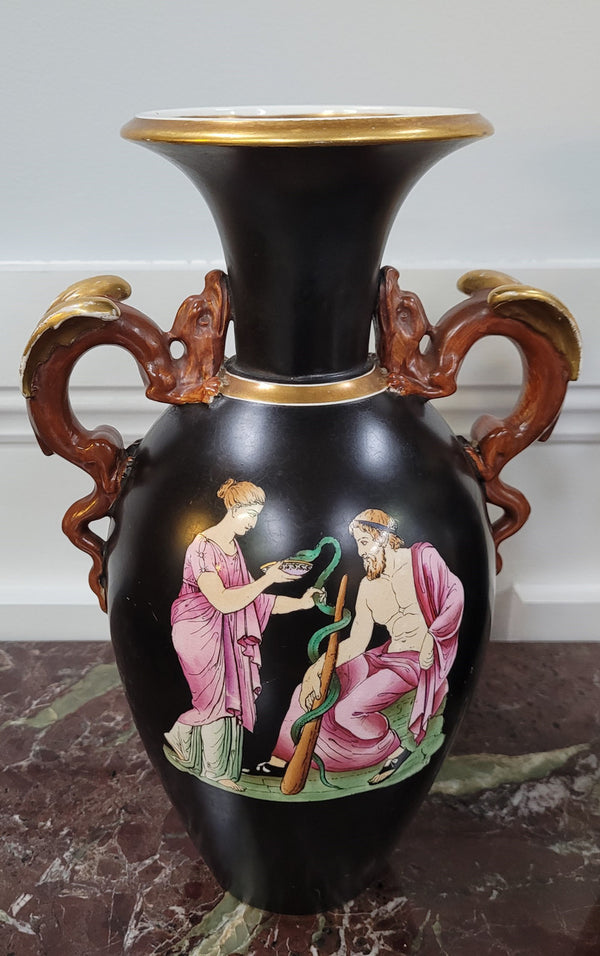 Pair Antique 19th century Paris porcelain Grecian style vases. Please view photos as they help form part of the description.