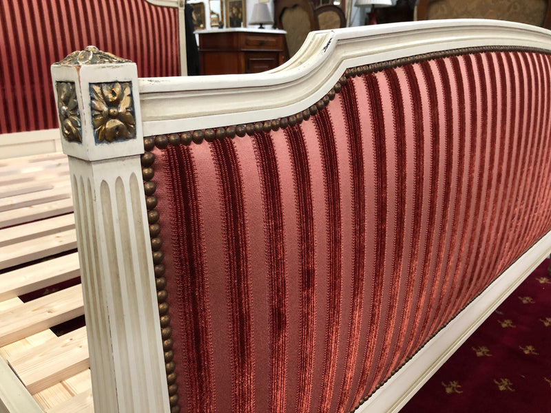French Queen size upholstered Louis XV style painted bed. Comes with custom made slats, all you need to is place you mattress on top.