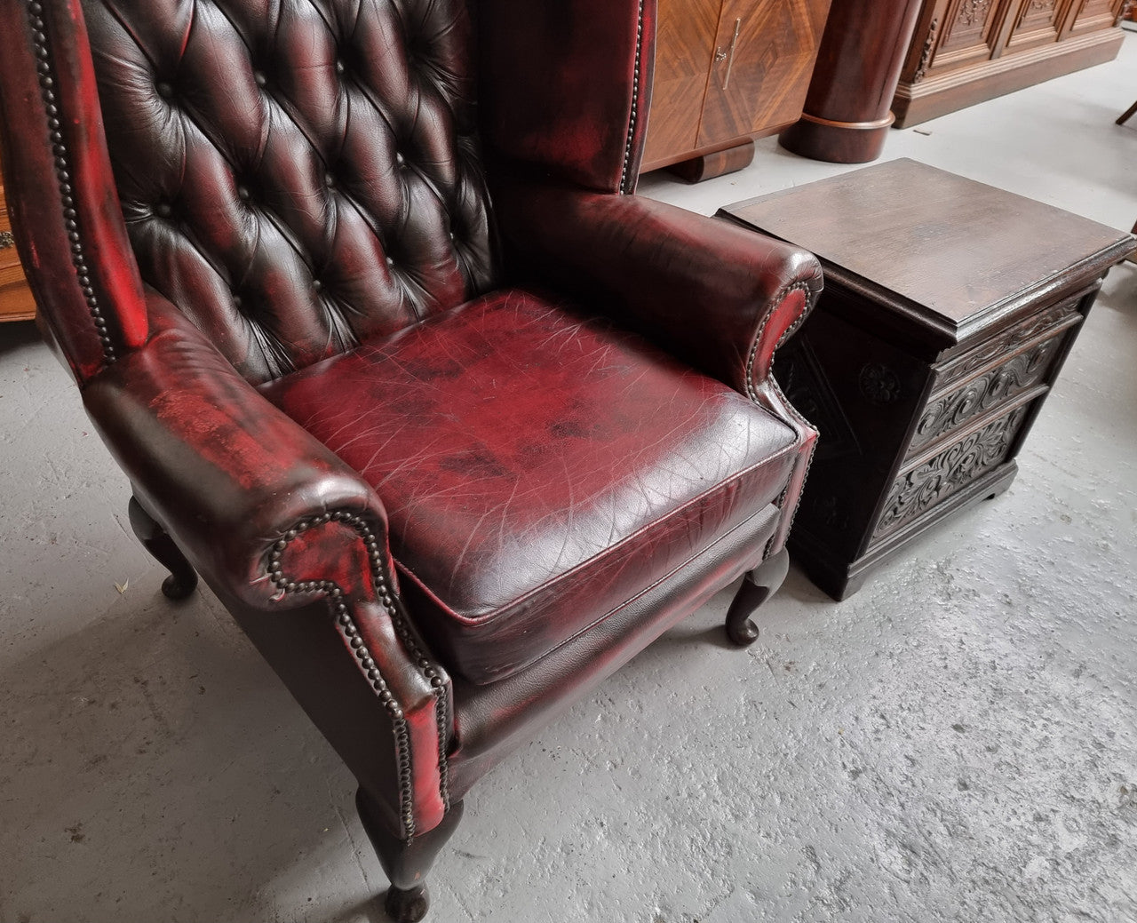 Oxblood Leather Button Back & Winged Lounge Chair