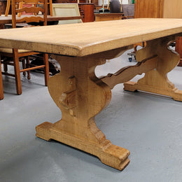 Stunning French Oak Farmhouse table with two extension leaves. When fully extended the table measures to a massive 339.5 cm long. Sourced from France and in good original detailed condition.