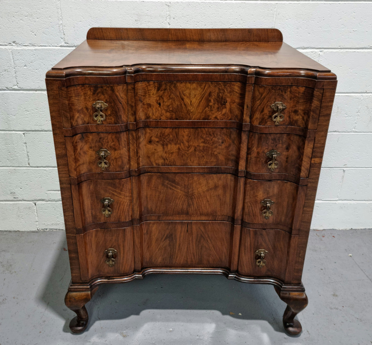 Antique English Figured Walnut Inverted Serpentine Fronted Chest of Drawers