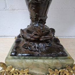 Pair of decorative Antique French gilt bronzed metal and marble table lamps. In good original detailed working condition.