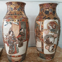 Pair Of Late Victorian Hand Painted Japanese Satsuma Porcelain Vases