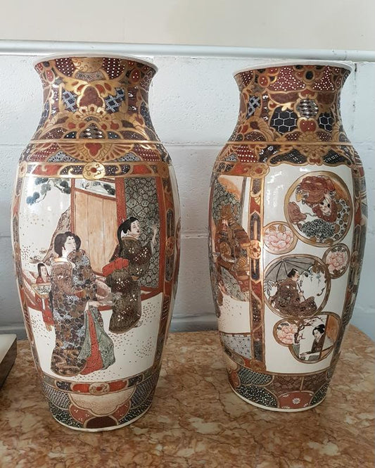 Pair Of Late Victorian Hand Painted Japanese Satsuma Porcelain Vases