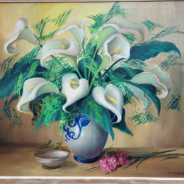 Signed and sourced in France a vintage oil on board still life of white lillie's in vase. In a beauitufl frame and it is in good original detailed condition.