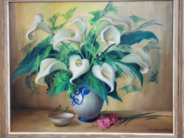 Signed and sourced in France a vintage oil on board still life of white lillie's in vase. In a beauitufl frame and it is in good original detailed condition.