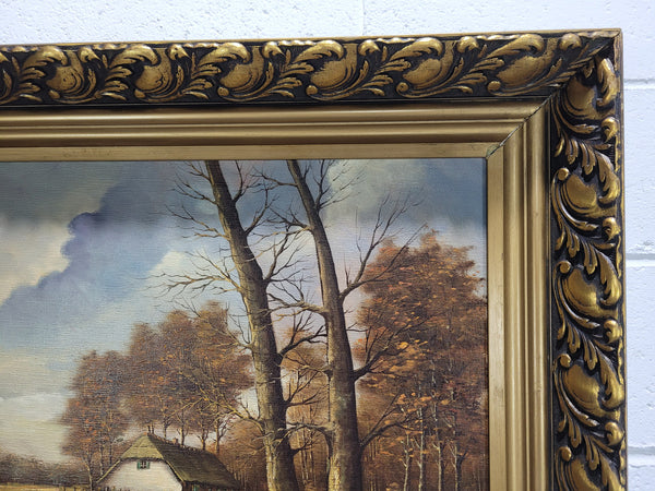 Stunning French oil on canvas painting of a cottage landscape, in great original gilt frame.