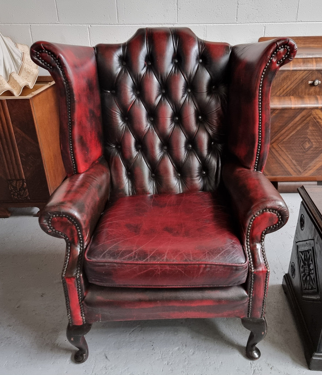 Oxblood Leather Button Back & Winged Lounge Chair