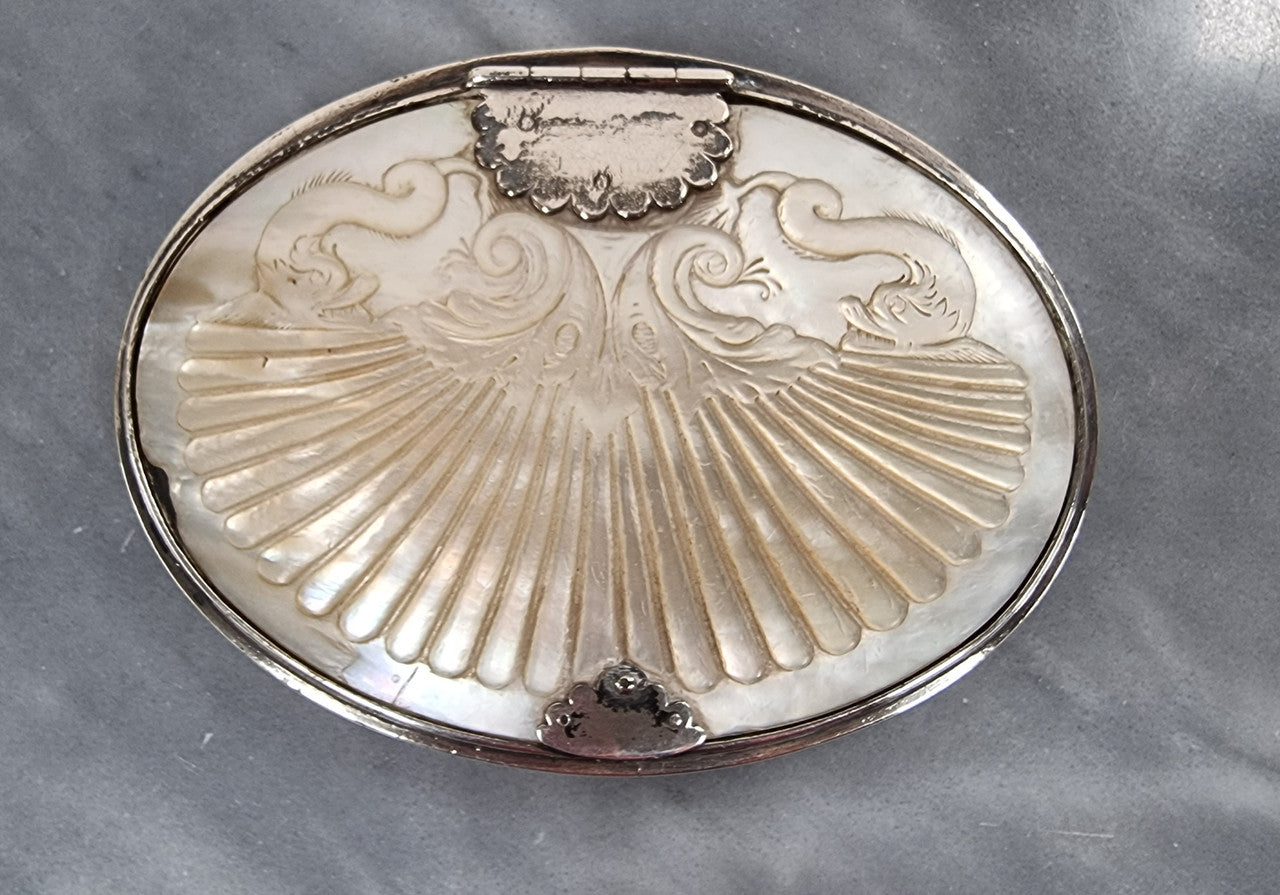 Stunning Oval Georgian Silver & Carved Mother of Peral Snuff Box