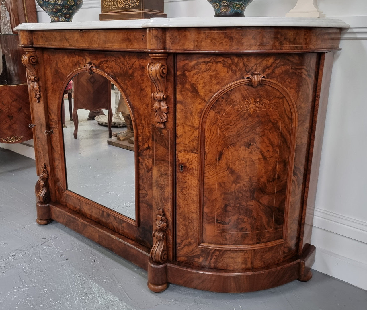 Antique Victorian Burr Wood Walnut Marble-Top Sideboard Credenza