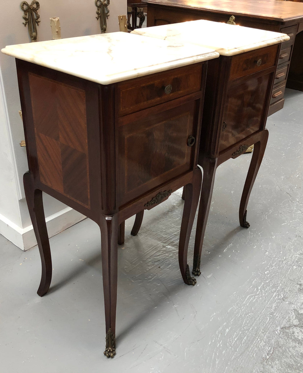 Beautiful Pair Of French Flame Mahogany Bedsides | Antique & Vintage | Moonee Ponds Antiques | Australia Wide Delivery