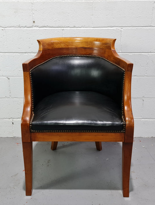 Antique Empire style Walnut and leather office desk chair. In good original detailed condition and leather is in good used condition.