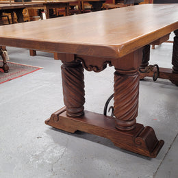 Amazing French Oak Spanish Renaissance style dining table with beautiful decorative iron work. It has been sourced from France and can comfortable seat 8- 10 people. Sourced from France and is good original detailed condition.