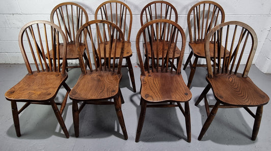 Beautiful set of 8 English oak cottage dining chairs with loads of character. In very good original detailed condition.