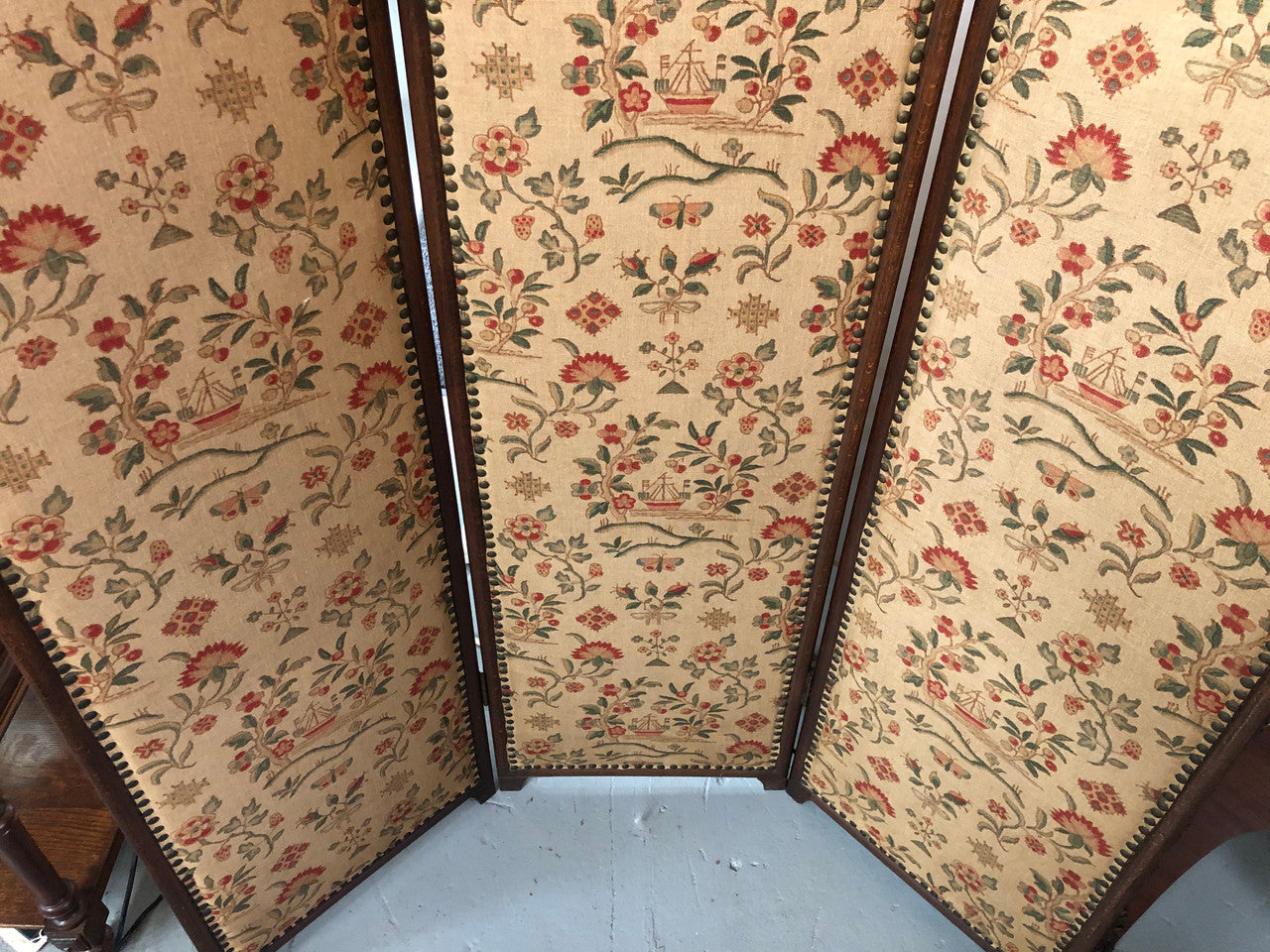 Vintage French Oak 3 fold tapestry covered privacy screen. Tapestry is in good condition with very minor wear and tear.