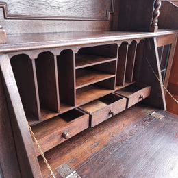 Oak Tudor Style Secretaire Bookcase With Leadlight Doors