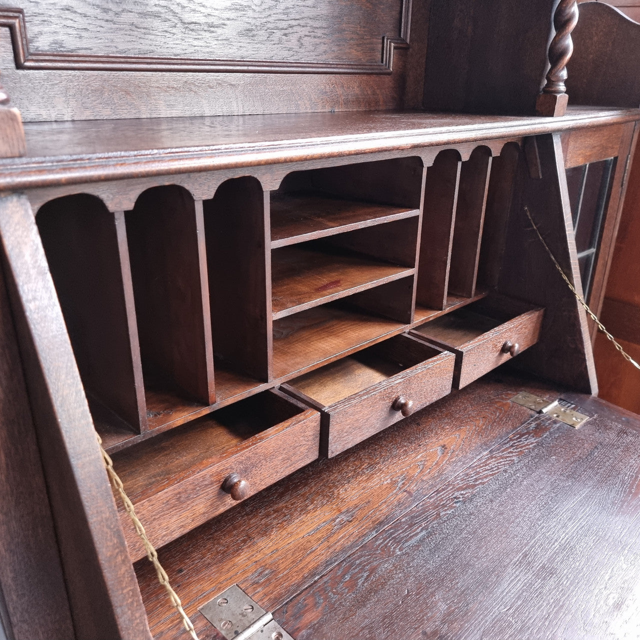 Oak Tudor Style Secretaire Bookcase With Leadlight Doors