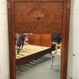 Beautiful Amboyna and Walnut Trumeau mirror. Has lovely parquetry inlay and is in good original condition.