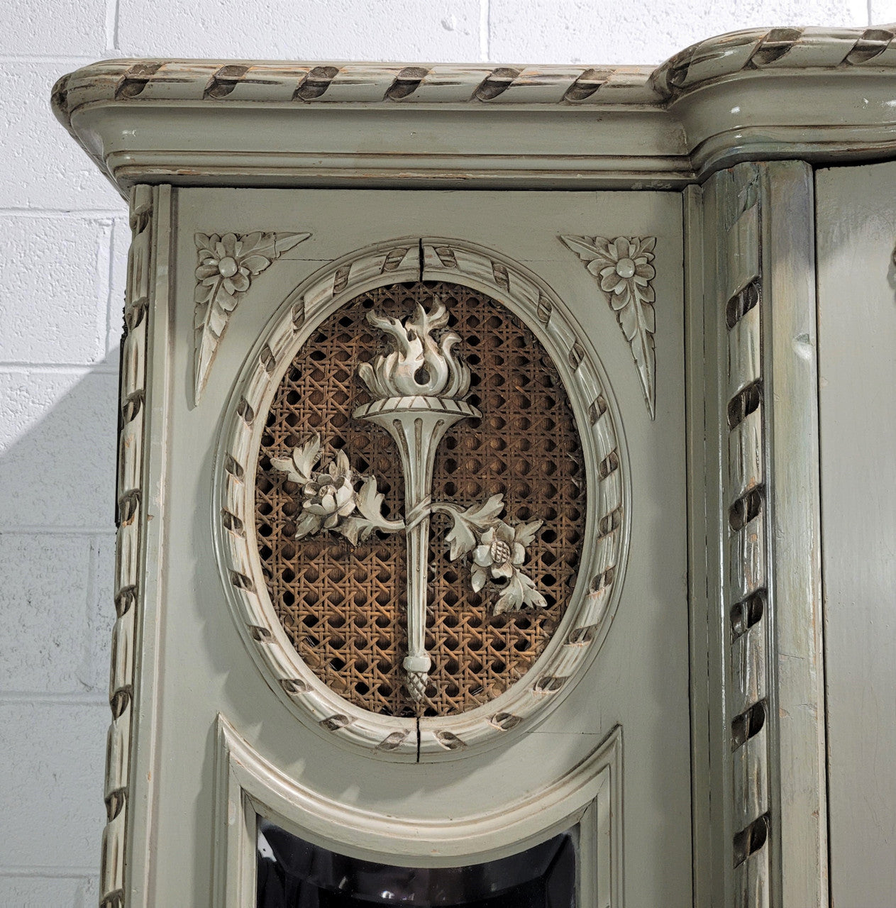 Stunning and desirable Antique French three full length mirror doors, Louis Xl style armoire with original chalk paint finish. With superb carving and decoration. Plenty of storage space with hanging space and shelves.