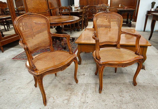 Pair French Louis XV Style Walnut and Cane Fauteuils
