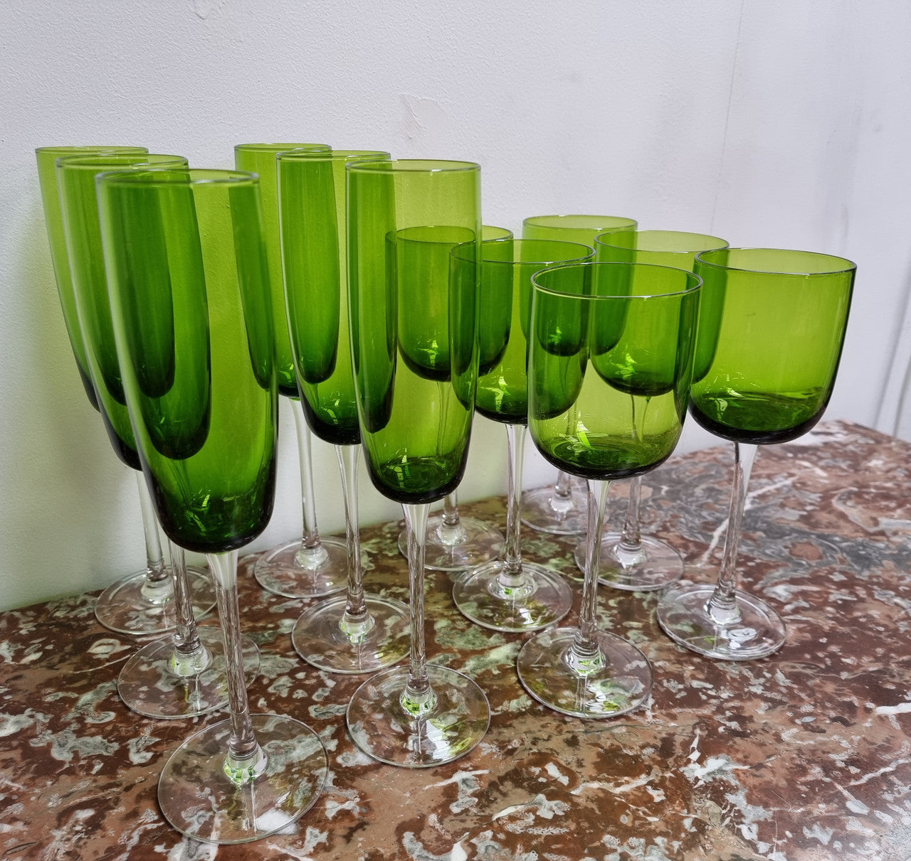 Set of 12 Vintage Emerald Green Wine & Champagne Glasses | Antique & Vintage | Moonee Ponds Antiques | Australia Wide Delivery