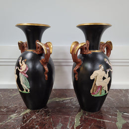 Pair Antique 19th century Paris porcelain Grecian style vases. Please view photos as they help form part of the description.