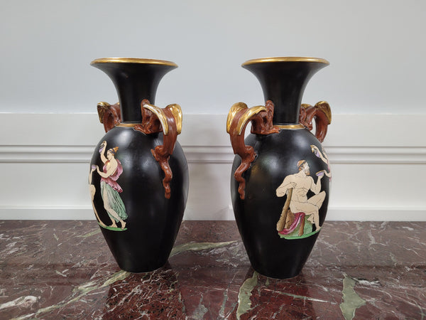 Pair Antique 19th century Paris porcelain Grecian style vases. Please view photos as they help form part of the description.