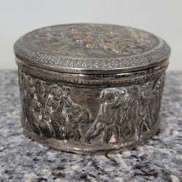 Unusual Antique silver over pottery Italian trinket box nicely decorated with Cherubs. It is in good original condition, please view photos as they help form part of the description.