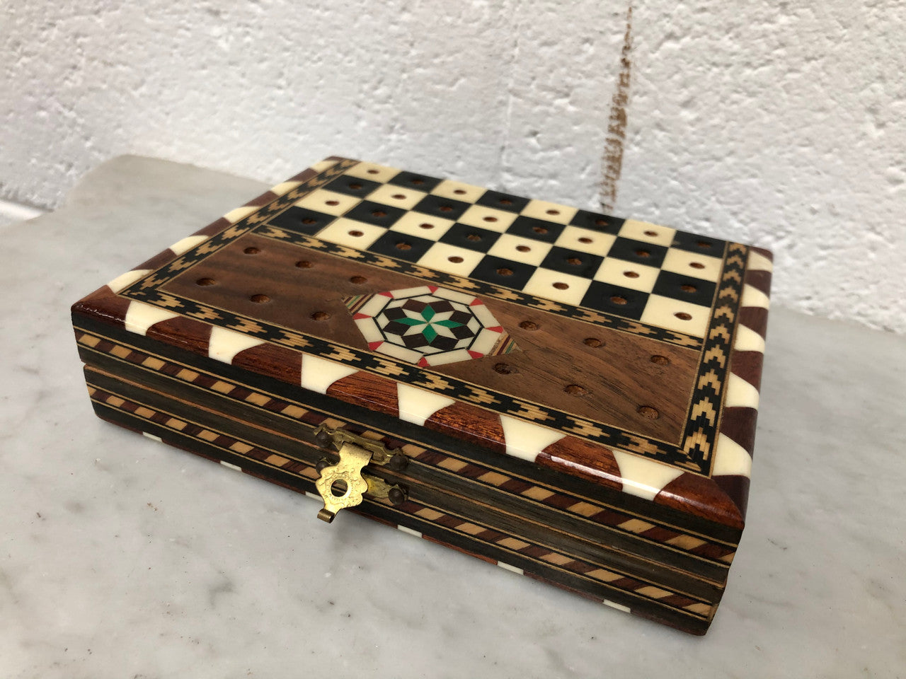 Vintage Inlaid Folded Chess Board Box With Pieces Inside | Antique & Vintage | Moonee Ponds Antiques | Australia Wide Delivery
