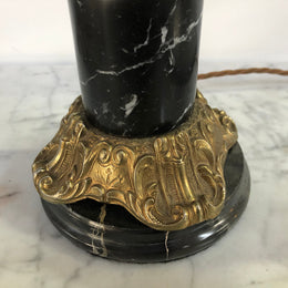 Vintage Brass cherub lamp with a marble and brass base and lovely frosted flame glass shade in good condition.
