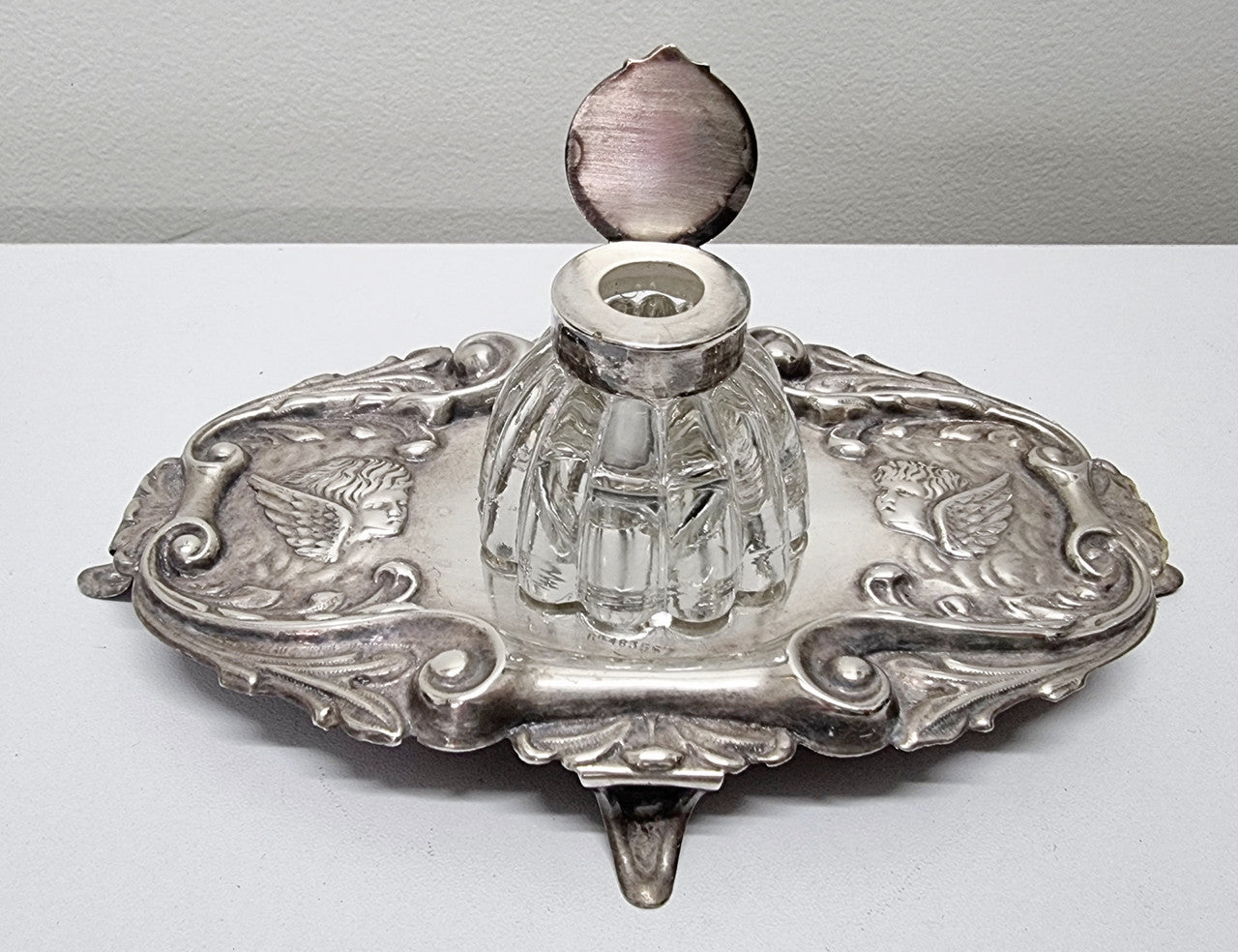 Edwardian Silver Plated Ink Stand Cherub Embossed Design | Antique & Vintage | Moonee Ponds Antiques | Australia Wide