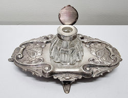 Edwardian Silver Plated Ink Stand Cherub Embossed Design | Antique & Vintage | Moonee Ponds Antiques | Australia Wide Delivery