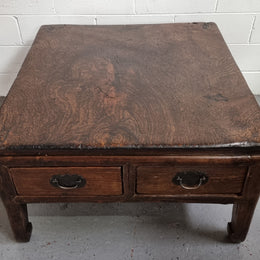 Square Elm coffee table with oriental legs and two long drawers.  Beautifully finished and in good original condition. It has been sourced from France.