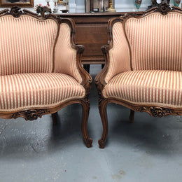 High Quality Antique Pair Of French Walnut Upholstered Arm Chairs