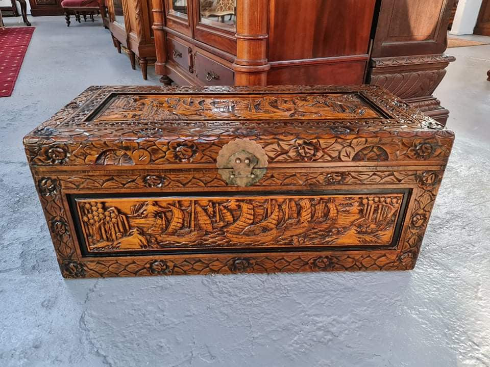 Charming Vintage Medium Size Camphor Wood Chest with Brass Closure. In original detailed condition.