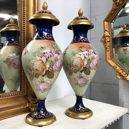 Pair Of French Antique Flower Decorated Vases