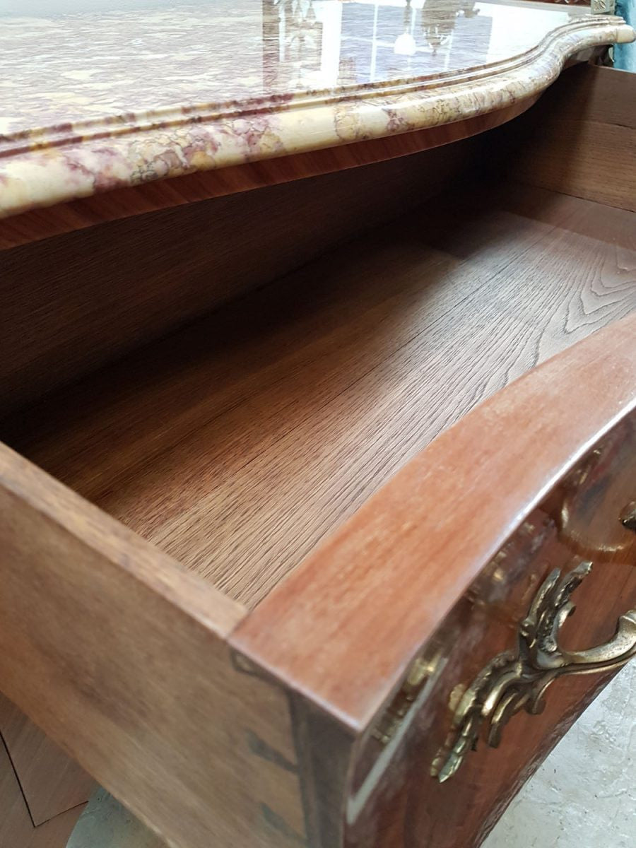French Marquetry Inlay Kingwood Louis XV Marble Top Commode | Antique & Vintage | Moonee Ponds Antiques | Australia Wide Delivery