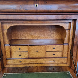 Fabulous 19th Century French Oyster Veneer and walnut abbattant with a lovely marble top, tooled leather work section and two secret drawers. There are also four larger drawers for storage and it is in good original detailed condition.