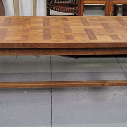 French Oak Refectory dining table with a parquetry top. Sourced from France this table comfortably sits eight to ten. It is in good original detailed condition.