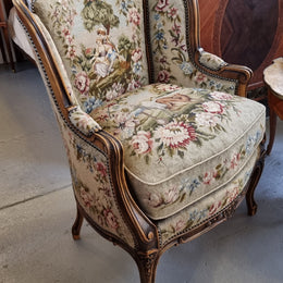 Pair of amazing French Walnut tapestry covered armchairs. The tapestry is in very good condition, please view photos as they form part of the description. Sourced from France and is in good original detailed condition.