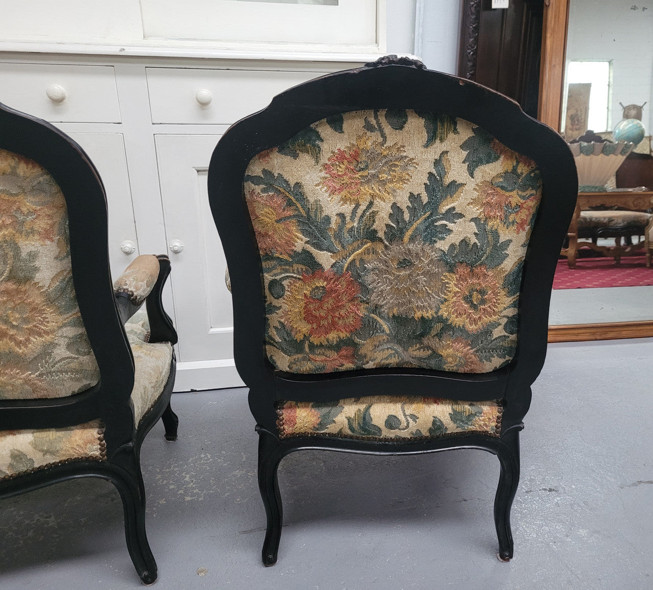 Antique 19th Century Louis XV Style Ebonized Upholstered Armchairs | Antique & Vintage | Moonee Ponds Antiques | Australia Wide Delivery