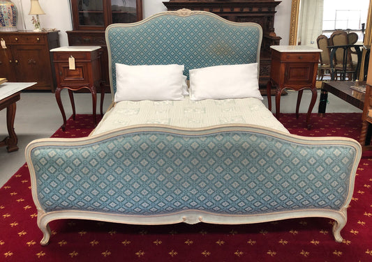 Painted Louis XV style upholstered queen size bed with its original paint and upholstery. Comes with custom made slats, all you need to is place you mattress on top.