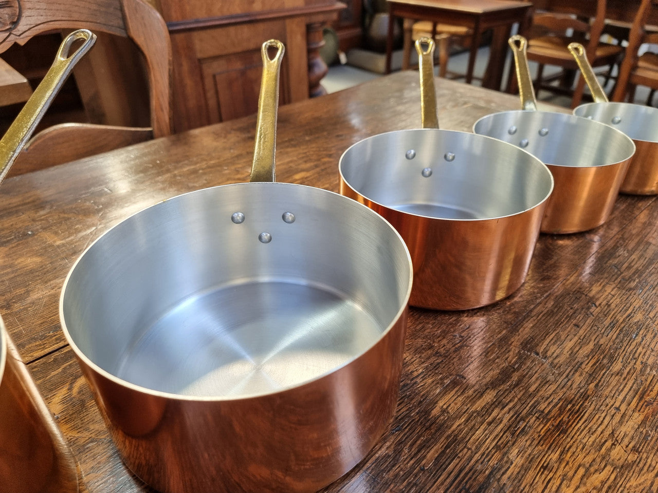 Set of Five French Vintage Copper & Brass Saucepans. They are in amazing original condition.