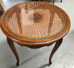 French Carved & Cane Round Table With A Glass Top | Antique & Vintage | Moonee Ponds Antiques | Australia Wide Delivery
