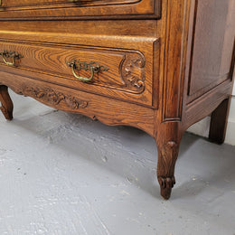 French Louis XV style Oak three drawer chest with wooden top. It has been sourced from France and is in good original detailed condition.