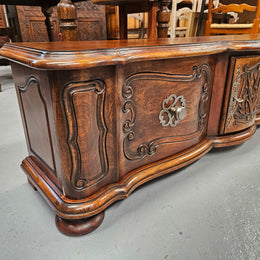 Appealing French Louis XVth style walnut converted TV unit.  Central carved  door & 2 Sliding Cupboards. In good condition.
