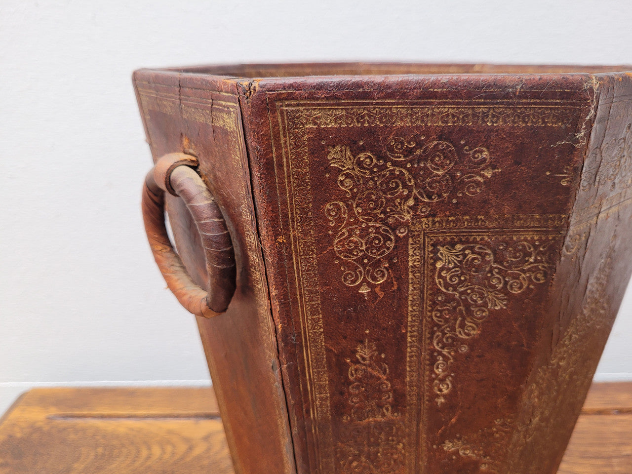 Vintage Italian Tooled Leather Waste Bin